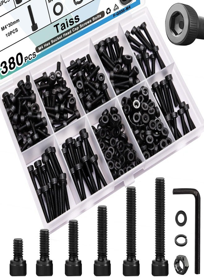 Taiss 380PCS M4 Screw Kit,Hex Socket Head Cap Screws Assortment with Nuts/Washers/Hex Wrench M4x6/8/12/16/20/30mm,12.9 Grade Alloy Steel Black Zinc Plated Small Metric Screws,M4 Bolts - Image 1