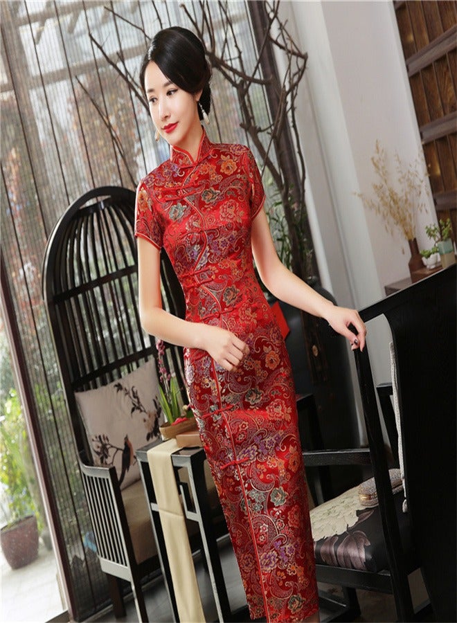 Loquat Short Sleeved Ten Button Long Skirt Big Red,  - Image 2