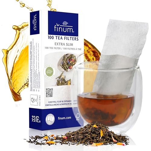 Finum Disposable Paper Tea Filter Bags for Loose Tea, White, Extra Slim, 100 Count - Image 1