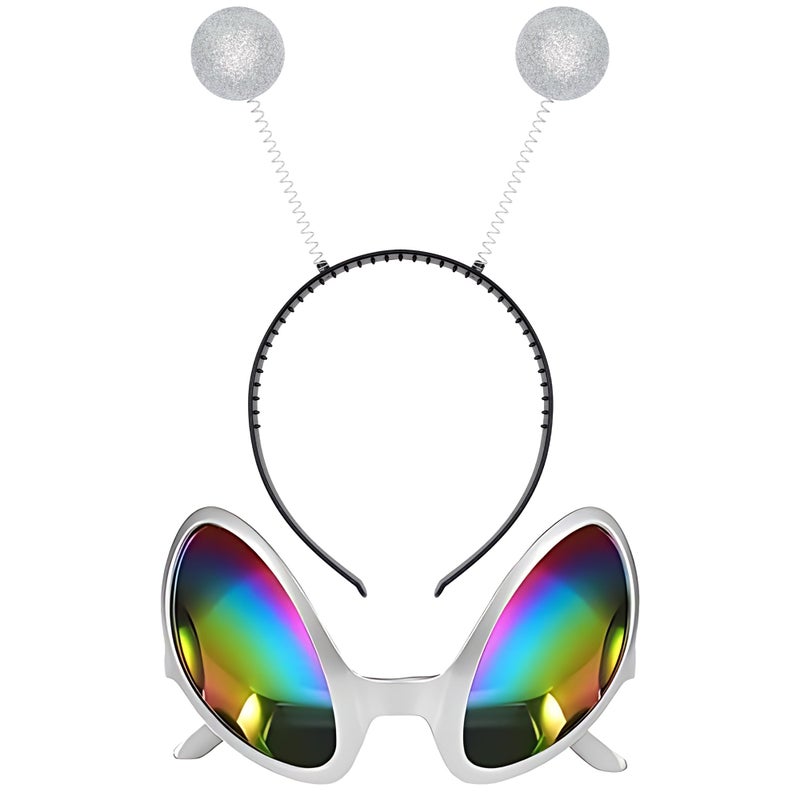 Cheerin Silver Alien Headband and Glasses - Martian Antenna Headband - Glitter Ball Head Boppers - Space Theme Costume - Alien Costume Accessories - Image 1