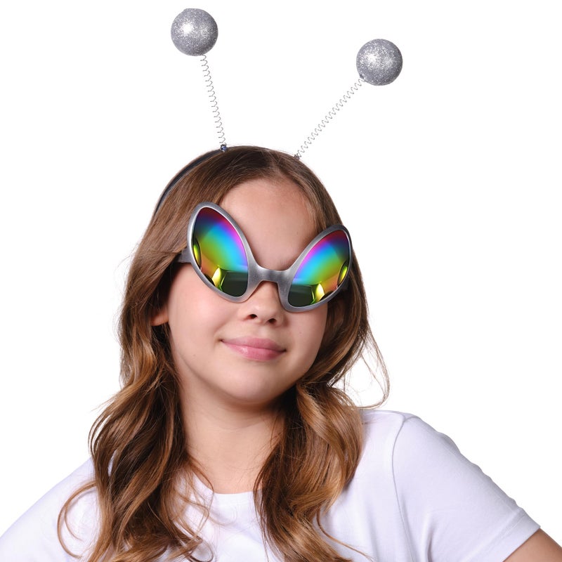 Cheerin Silver Alien Headband and Glasses - Martian Antenna Headband - Glitter Ball Head Boppers - Space Theme Costume - Alien Costume Accessories - Image 5