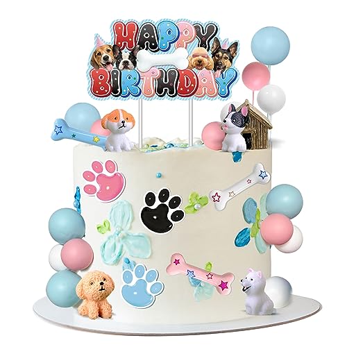 JUYRLE Cake Topper 32Pcs Realistic Dog Figurines Birthday Party Supplies With Bone Kennel Mini Balloons Decoration for Boys Girls Dog Theme Party - Image 1
