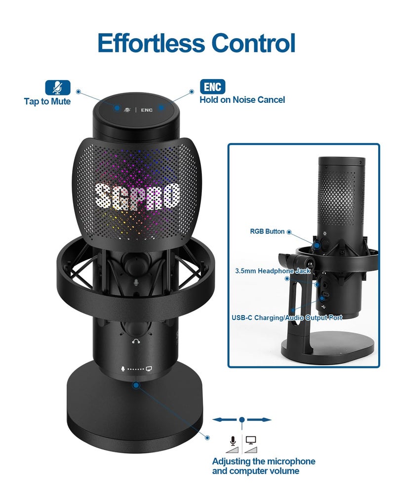 SGPRO Wireless USB Microphone for Streaming, Podcast, SG-CM25 Gaming Condenser Mic with RGB,Noise Cancellation, Tap to Mute, 24-bit/48kHz Recording, Includes Shock Mount & Pop Filter (PC/Mac/Mobile) - Image 5