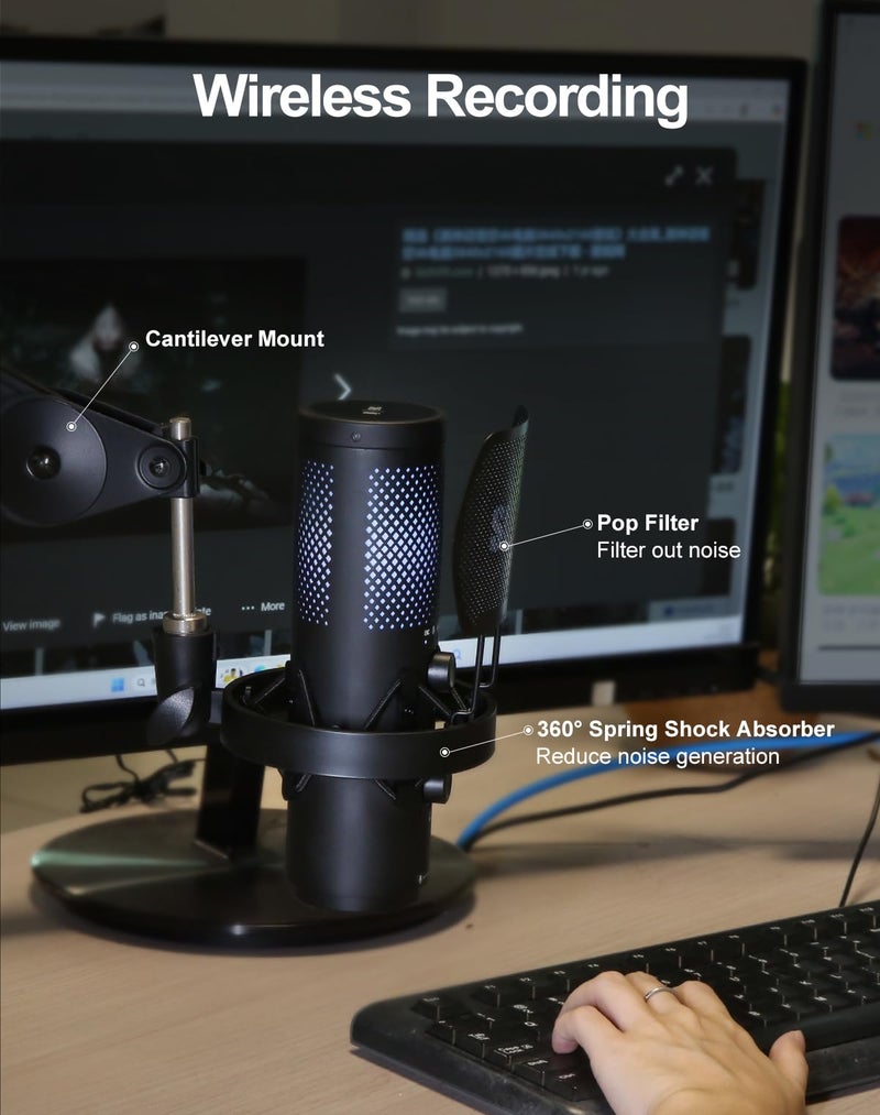 SGPRO Wireless USB Microphone for Streaming, Podcast, SG-CM25 Gaming Condenser Mic with RGB,Noise Cancellation, Tap to Mute, 24-bit/48kHz Recording, Includes Shock Mount & Pop Filter (PC/Mac/Mobile) - Image 4