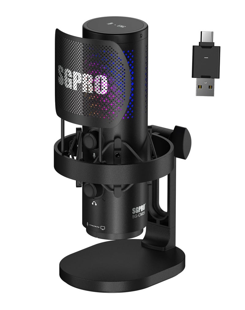 SGPRO Wireless USB Microphone for Streaming, Podcast, SG-CM25 Gaming Condenser Mic with RGB,Noise Cancellation, Tap to Mute, 24-bit/48kHz Recording, Includes Shock Mount & Pop Filter (PC/Mac/Mobile) - Image 1