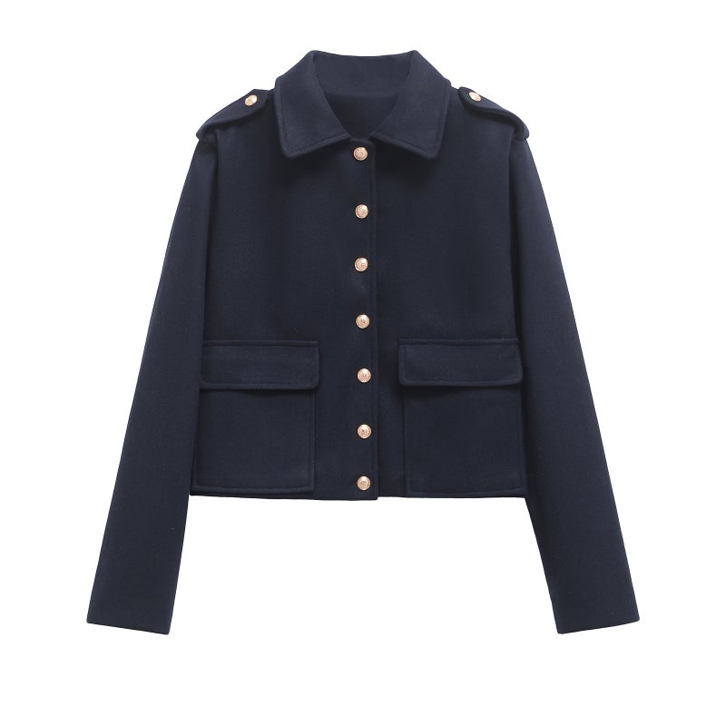 navy blue soft tweed ladies lapel casual long sleeve jacket jacket 2025 spring new simple style jacket 0296 navy blue simple jacket 