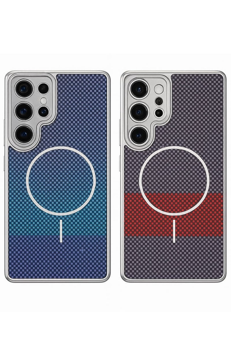 كايس كلوب غطاء حماية مزدوج لهاتف سامسونج جالاكسي S25 ألترا - غطاء خلفي واقٍ متوافق مع ماج سيف بنسيج ألياف الكربون - عبوة بلونين (أزرق متدرج وأحمر مخطط)