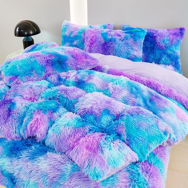 SUCSES Plush Shaggy Bedding Duvet Cover Set for Teens Girls 3Pcs Faux Fur Fluffy Velvet Comforter Cover Set Blue Purple Tie Dye Furry Bed Sets for Kids Teens Blue Purple Full