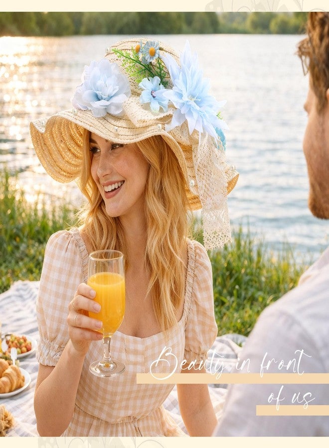 Funnysoft 6 Sets DIY Tea Party Straw Hats Kit DIY Straw Hat for Women Blank Sun Hats with Faux Flower Lace Ribbon for Adults Dress Up Party Camping Picnic Beach Trip Favor Crafts (Vivid Flower) - Image 2