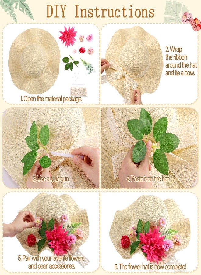 Funnysoft 6 Sets DIY Tea Party Straw Hats Kit DIY Straw Hat for Women Blank Sun Hats with Faux Flower Lace Ribbon for Adults Dress Up Party Camping Picnic Beach Trip Favor Crafts (Vivid Flower) - Image 5