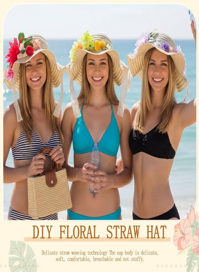 Funnysoft 6 Sets DIY Tea Party Straw Hats Kit DIY Straw Hat for Women Blank Sun Hats with Faux Flower Lace Ribbon for Adults Dress Up Party Camping Picnic Beach Trip Favor Crafts (Vivid Flower) - Image 3