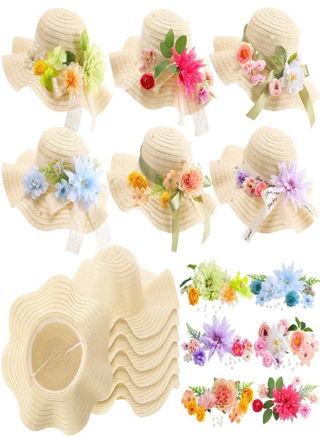 Funnysoft 6 Sets DIY Tea Party Straw Hats Kit DIY Straw Hat for Women Blank Sun Hats with Faux Flower Lace Ribbon for Adults Dress Up Party Camping Picnic Beach Trip Favor Crafts (Vivid Flower) - Image 1