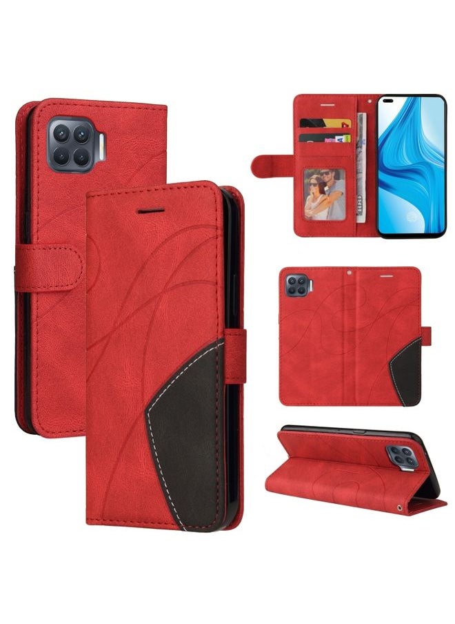 HuHa Case Cover For OPPO F17 Pro / A93 / Reno4 F / Reno4 Lite Dual-color Splicing Horizontal Flip PU Leather Case with Holder & Card Slots & Wallet Red 