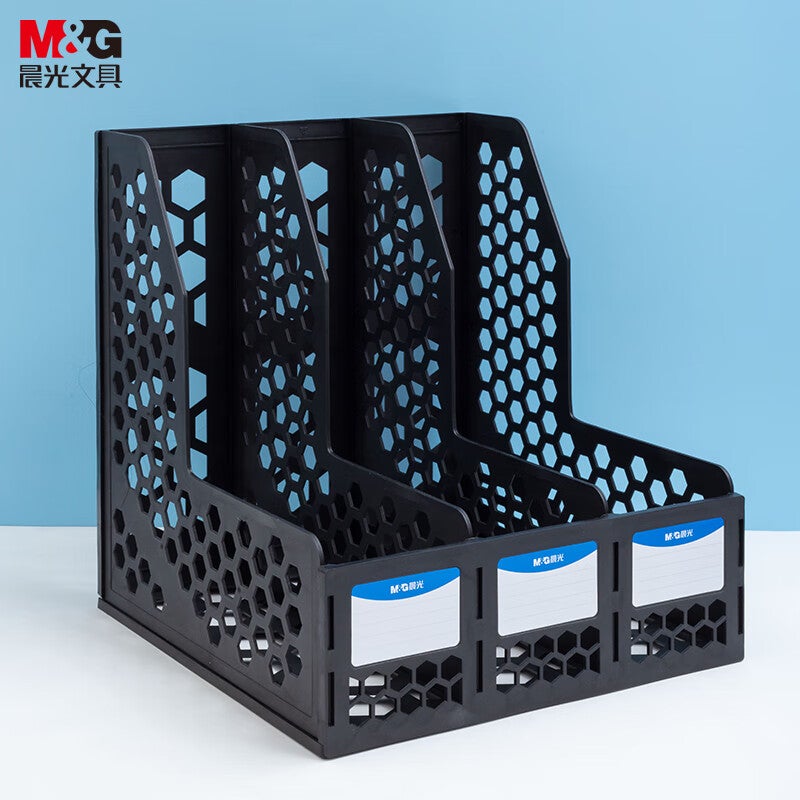 M&G Three-Tier Hollow Desktop File Organizer, Three-Column with Labels Stable File Tray/file Basket/document Holder, Black Single Pack ADM929R7A - Image 2