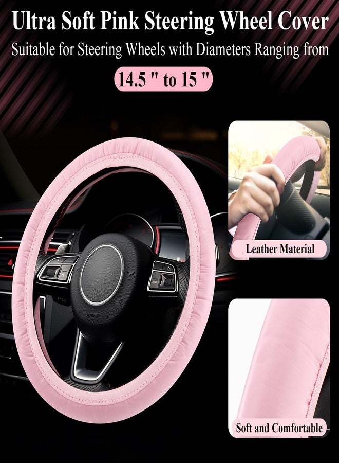 Datanly 15 Pcs Pink Car Accessories Set for Women Bow Car Accessories Set Pink Leather Steering Wheel Cover Universal Fit 15 Inch Seat Belt Cover Bow Hook Pink Bow Car Coaster Bow Air Vent Clip - Image 3