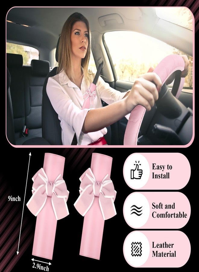 Datanly 15 Pcs Pink Car Accessories Set for Women Bow Car Accessories Set Pink Leather Steering Wheel Cover Universal Fit 15 Inch Seat Belt Cover Bow Hook Pink Bow Car Coaster Bow Air Vent Clip - Image 2