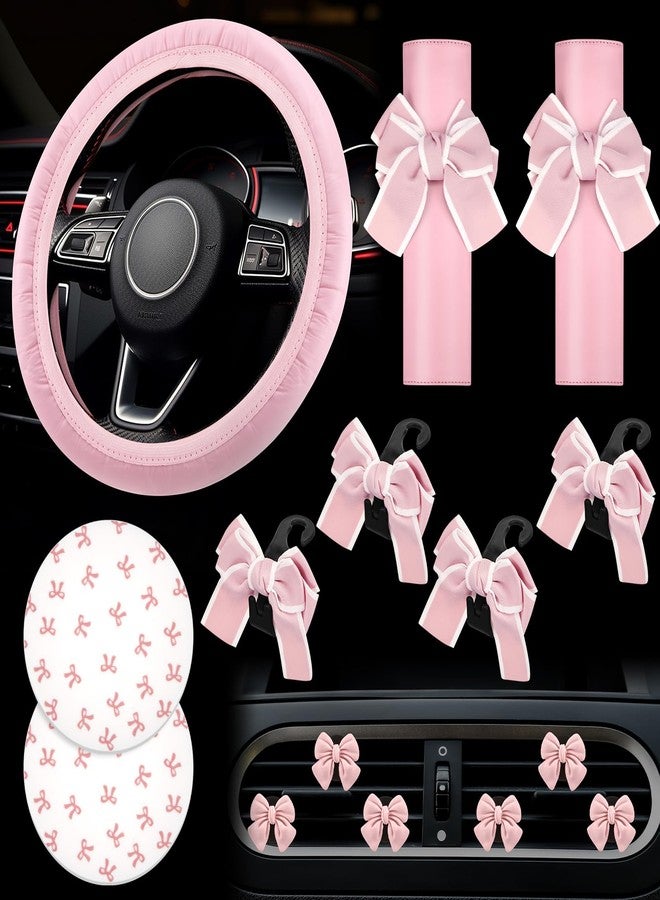 Datanly 15 Pcs Pink Car Accessories Set for Women Bow Car Accessories Set Pink Leather Steering Wheel Cover Universal Fit 15 Inch Seat Belt Cover Bow Hook Pink Bow Car Coaster Bow Air Vent Clip - Image 1