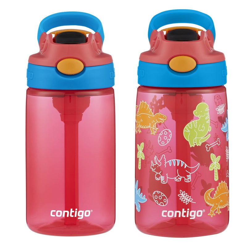 Contigo 14oz Kids Cleanable Water Bottle with Silicone Straw and Spill-Proof Lid, 2-Pack in Watermelon & Dinos, Dishwasher-Safe - Image 1