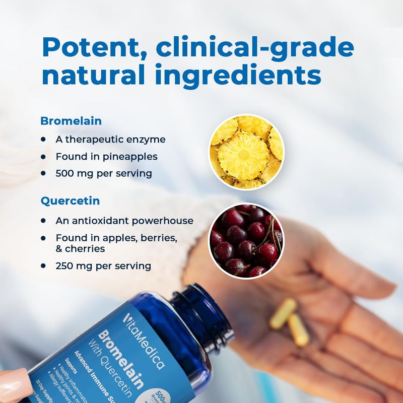 VitaMedica Bromelain & Quercetin Supplement - 500mg Bromelain 250mg Quercetin - 2400 GDU for Immunity, Joint Support, Inflammation and Muscle Recovery - 60 Vegan Capsules - 30 Servings - Image 4