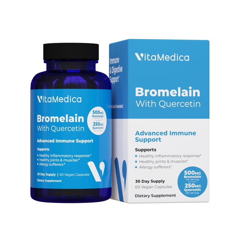 VitaMedica Bromelain & Quercetin Supplement - 500mg Bromelain 250mg Quercetin - 2400 GDU for Immunity, Joint Support, Inflammation and Muscle Recovery - 60 Vegan Capsules - 30 Servings - Image 1