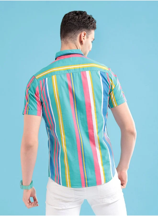 شركة المرآب الهندية Men Slim Fit Striped Half Sleeves Spread Collar Casual Shirt