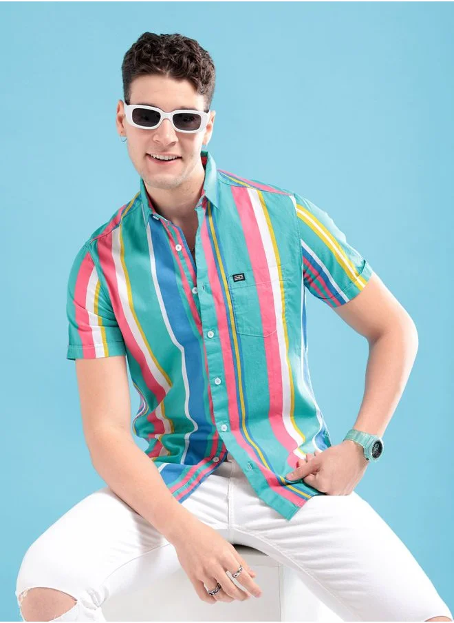 شركة المرآب الهندية Men Slim Fit Striped Half Sleeves Spread Collar Casual Shirt