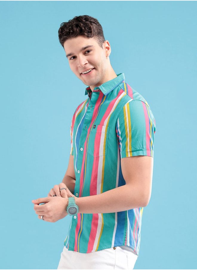 The Indian Garage Co Men Slim Fit Striped Half Sleeves Spread Collar Casual Shirt  - Image 3