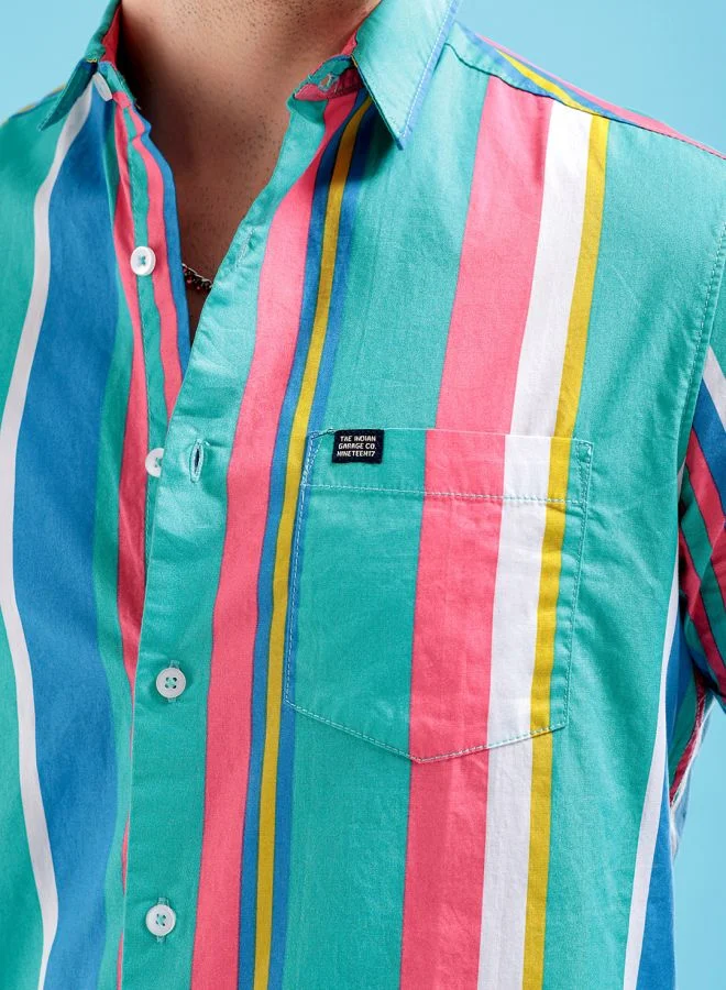 The Indian Garage Co Men Slim Fit Striped Half Sleeves Spread Collar Casual Shirt