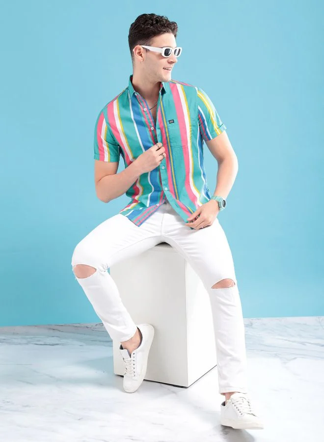 The Indian Garage Co Men Slim Fit Striped Half Sleeves Spread Collar Casual Shirt