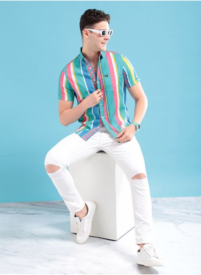 The Indian Garage Co Men Slim Fit Striped Half Sleeves Spread Collar Casual Shirt  - Image 5