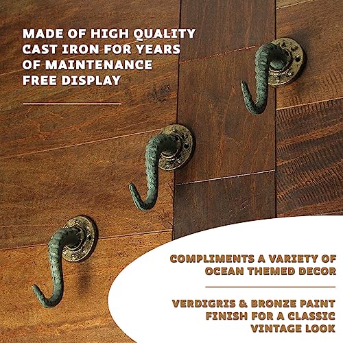 Zeckos Set of 3 Verdigris Bronze Cast Iron Octopus Tentacle Wall Hooks Nautical Key Hangers 45 Inches High Easy to Install Enhance Your Decor with Coastal Charm - Image 3