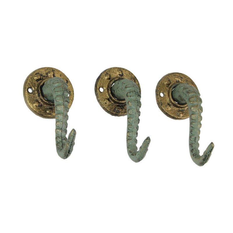 Zeckos Set of 3 Verdigris Bronze Cast Iron Octopus Tentacle Wall Hooks Nautical Key Hangers 45 Inches High Easy to Install Enhance Your Decor with Coastal Charm - Image 2