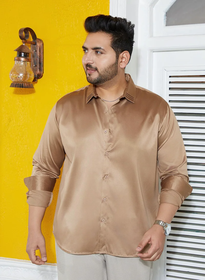 Instafab Plus Instafab Plus Men's Sand Beige Solid Satin Shirt For Casual Wear | Mid-Rise | Regular Fit | Button Closure | Plus Size Shirt Crafted With Comfort Fit For Everyday Wear