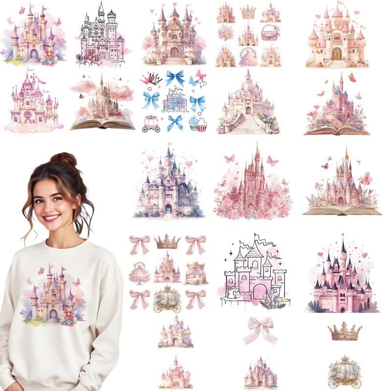 Dazoratix Castle Iron on Transfers - 22 Sheets Cute Pink DTF Ready to Press for T Shirts Bow Heat Patches Stickers Vinyl Decals Appliques for Girls Clothing Clothes Pillow Bag Decorations DIY Crafts - Image 1