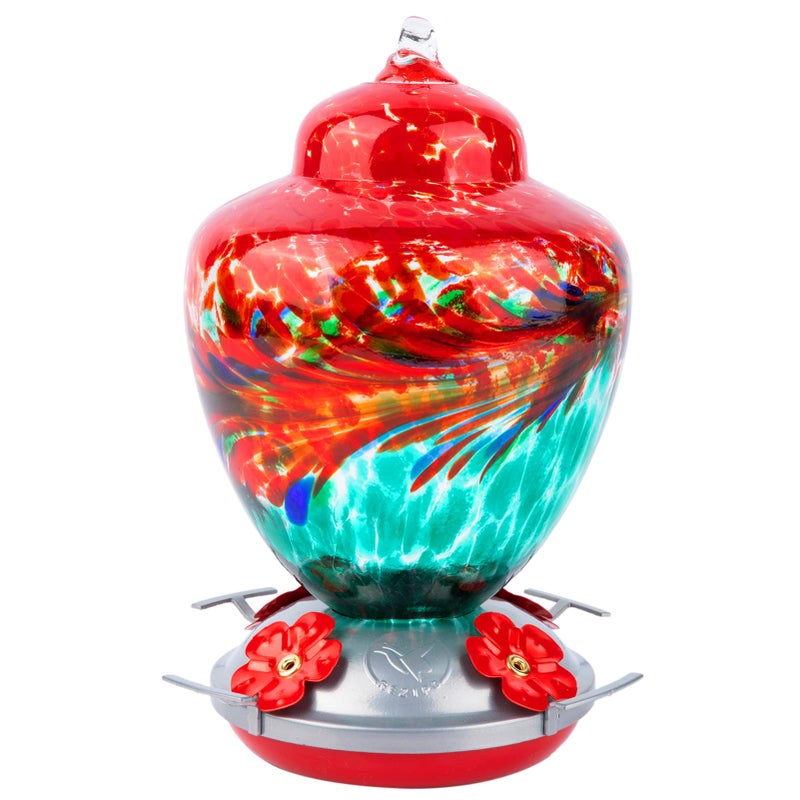 REZIPO Hummingbird Feeder with Perch Hand Blown Glass 38 Fluid Ounces Hummingbird Nectar Capacity Include Hanging Wires and Moat Hook RedGreen
