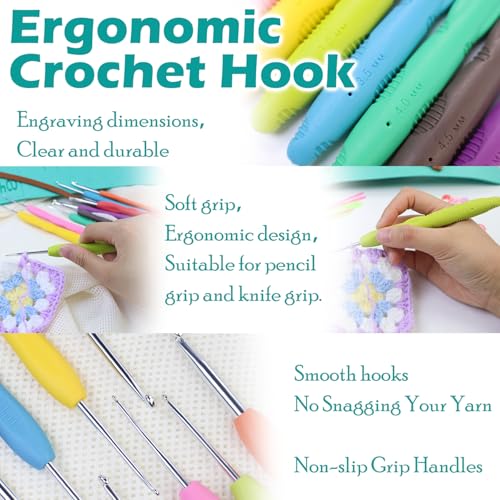 Lewhoo Crochet Hooks, 9 Size Ergonomic Crochet Hook Set with Roll Felt Case, Beginner Long Needle for Arthritic Hands, Size from 2.0mm-6.0mm/B-J - Image 3