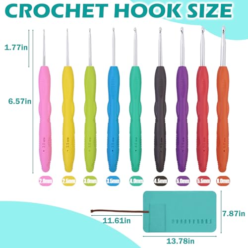 Lewhoo Crochet Hooks, 9 Size Ergonomic Crochet Hook Set with Roll Felt Case, Beginner Long Needle for Arthritic Hands, Size from 2.0mm-6.0mm/B-J - Image 2