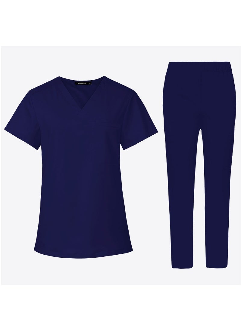 Loquat Medical Uniform Scrubs 2 Piece Set V-Neck Top and Elastic Waist Pants Suit Dark Blue - Image 1