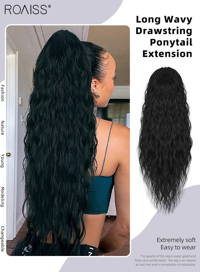roaiss Long Wavy Drawstring Ponytail Extension for Women Synthetic Curly Ponytail Hair Extensions Natural Soft Hair Pieces for Daily Party Use 66cm (26 inches) - Black - Image 1