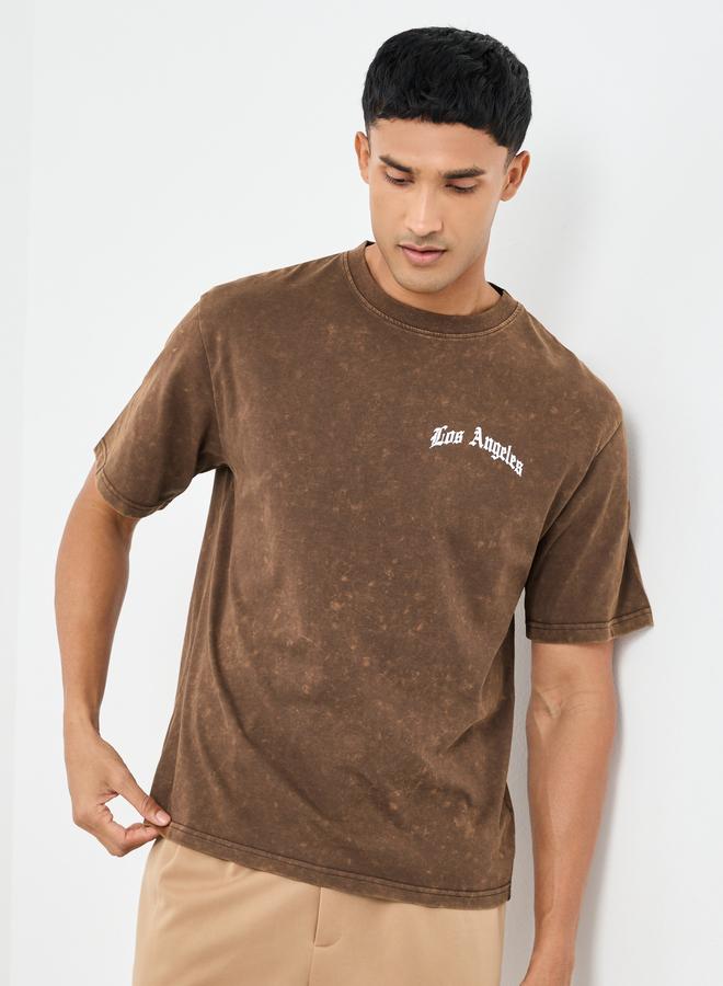 Styli Men Brown Acid Washed Chest Print Oversized T-Shirt - Image 1