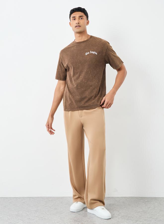 Styli Men Brown Acid Washed Chest Print Oversized T-Shirt - Image 2