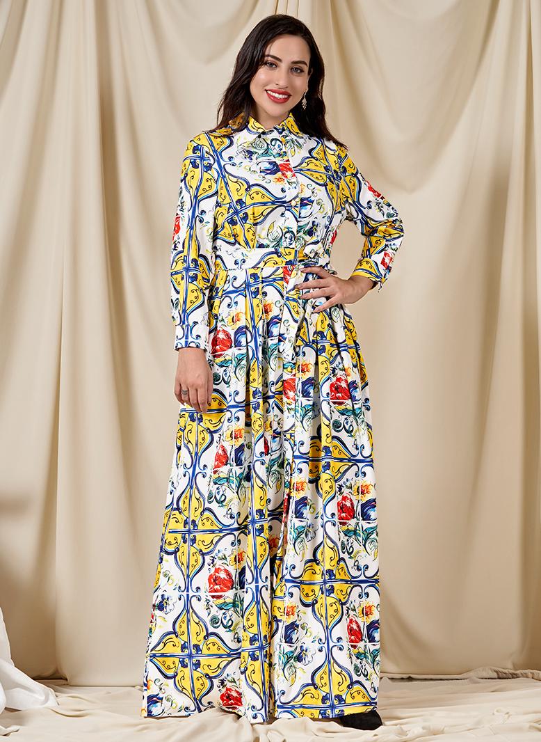 فرايديين موضة سريعة طوق متقلب زهري ازرار حزام كم القميص قفطان اخضر - Image 1