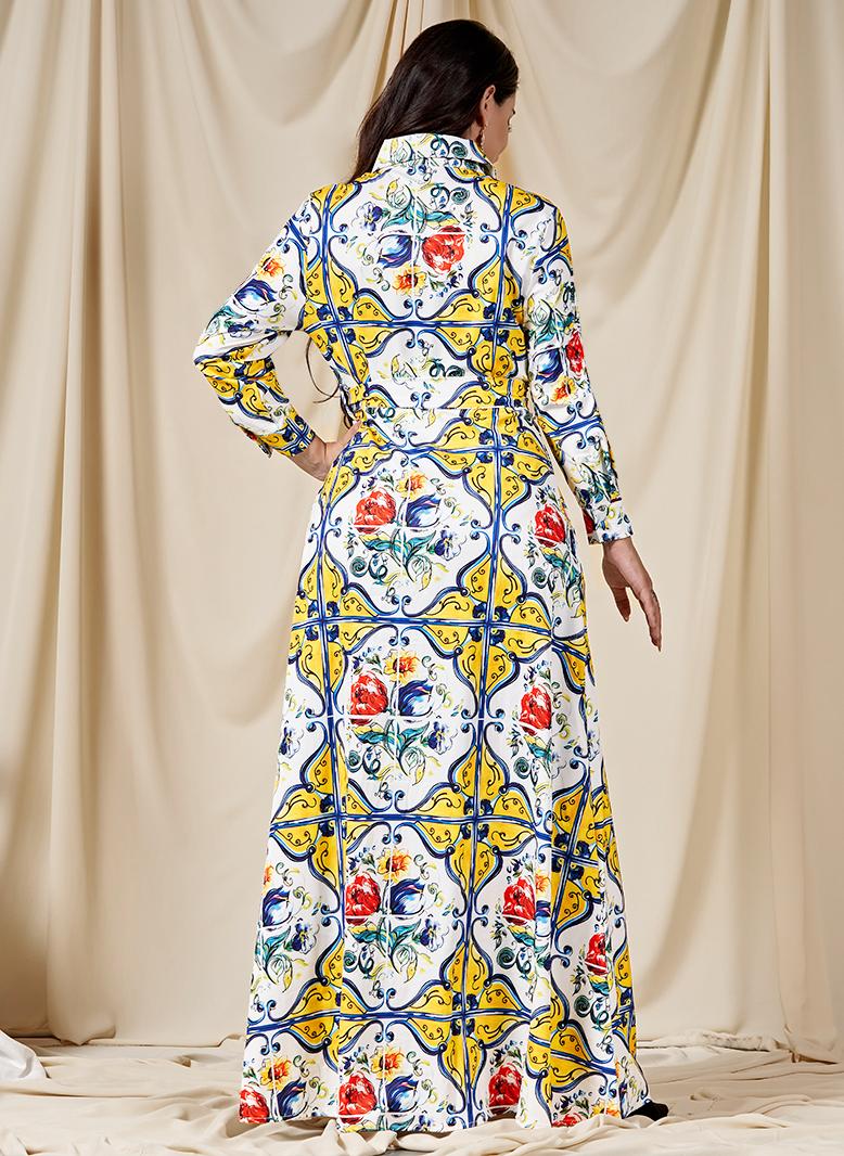 فرايديين موضة سريعة طوق متقلب زهري ازرار حزام كم القميص قفطان اخضر - Image 2