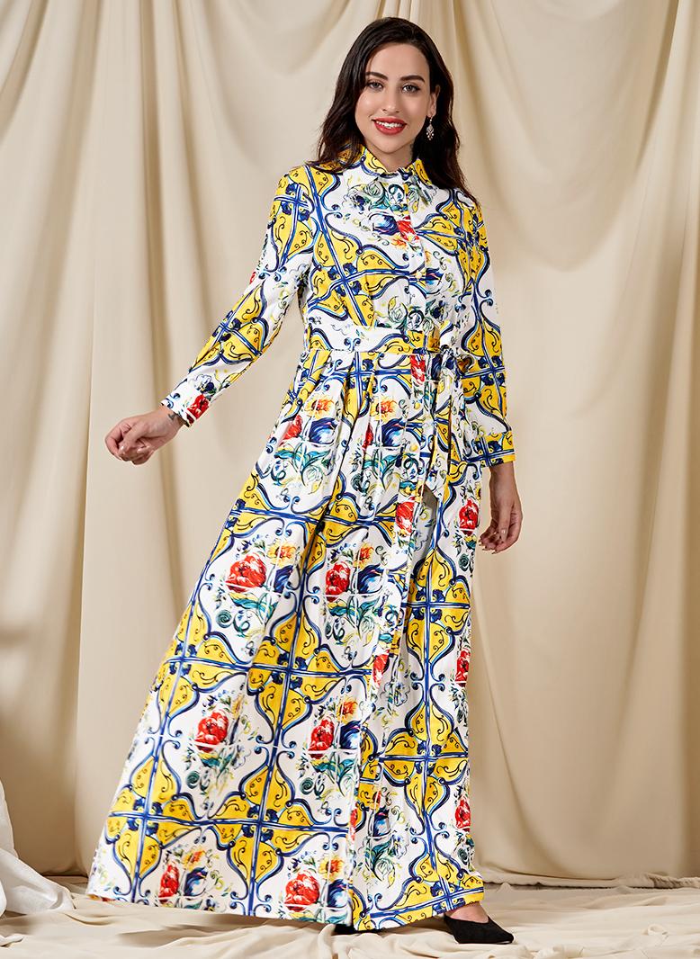 فرايديين موضة سريعة طوق متقلب زهري ازرار حزام كم القميص قفطان اخضر - Image 3