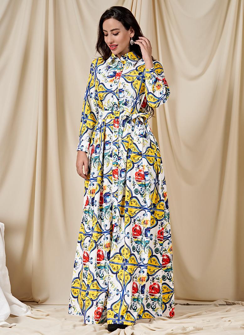 فرايديين موضة سريعة طوق متقلب زهري ازرار حزام كم القميص قفطان اخضر - Image 4