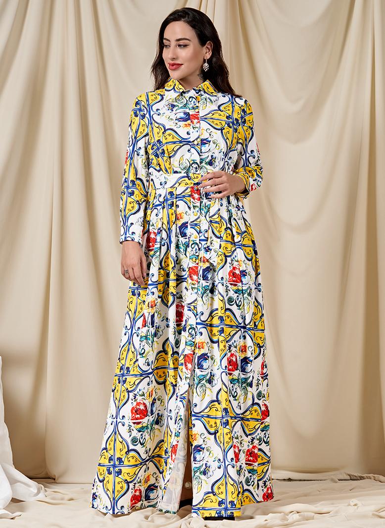 فرايديين موضة سريعة طوق متقلب زهري ازرار حزام كم القميص قفطان اخضر - Image 5