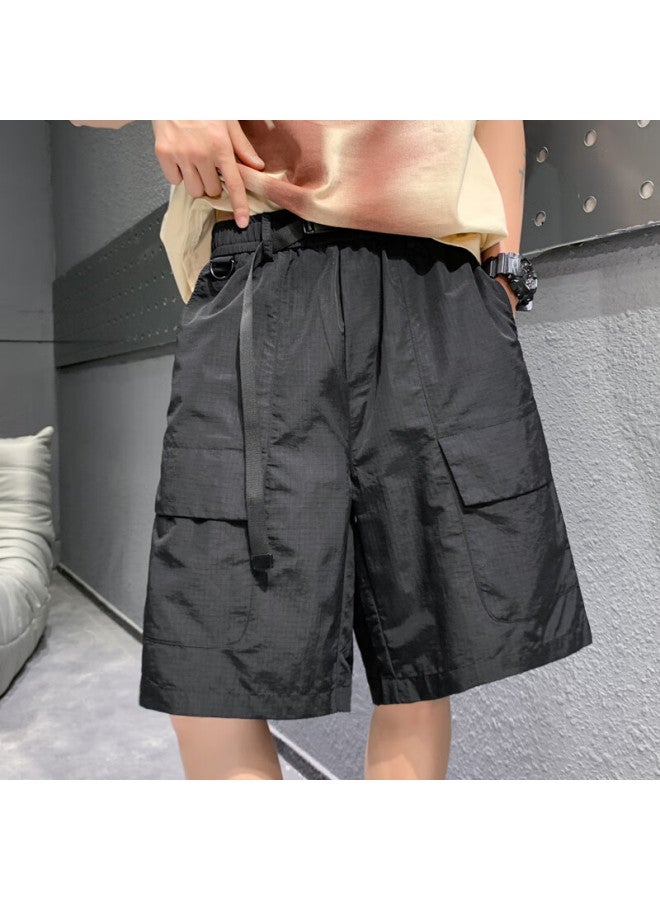 Homlean Men's American Style Work Shorts Spring Summer Loose Wide Leg Breathable Comfortable Big Pocket Five-point Pants Ht17 Black 4XL - Image 3
