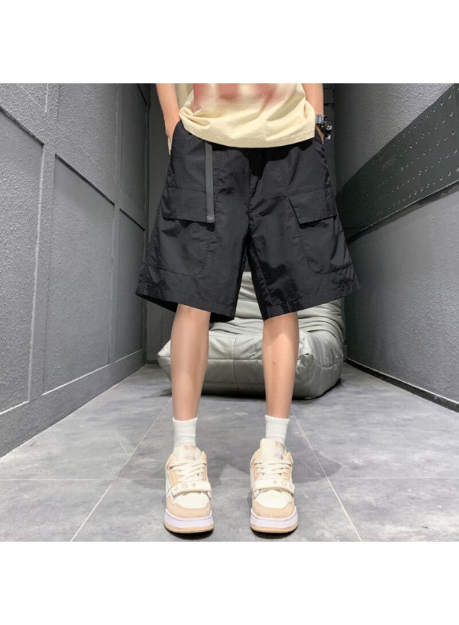Homlean Men's American Style Work Shorts Spring Summer Loose Wide Leg Breathable Comfortable Big Pocket Five-point Pants Ht17 Black 4XL - Image 4