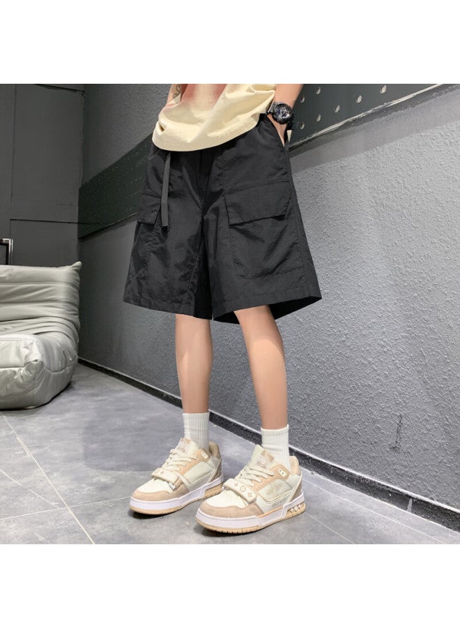Homlean Men's American Style Work Shorts Spring Summer Loose Wide Leg Breathable Comfortable Big Pocket Five-point Pants Ht17 Black 4XL - Image 1