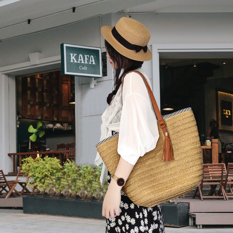 Youjaree Womens Large Straw Shoulder Bag Beach Tote Handbag Purse with Tassel for Summer - Image 2